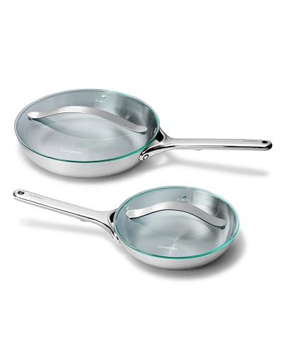 Duo de poêles rondes en acier inoxydable Caraway 8" et 10,5" avec couvercles en verre - 5 couches - sans revêtement toxique