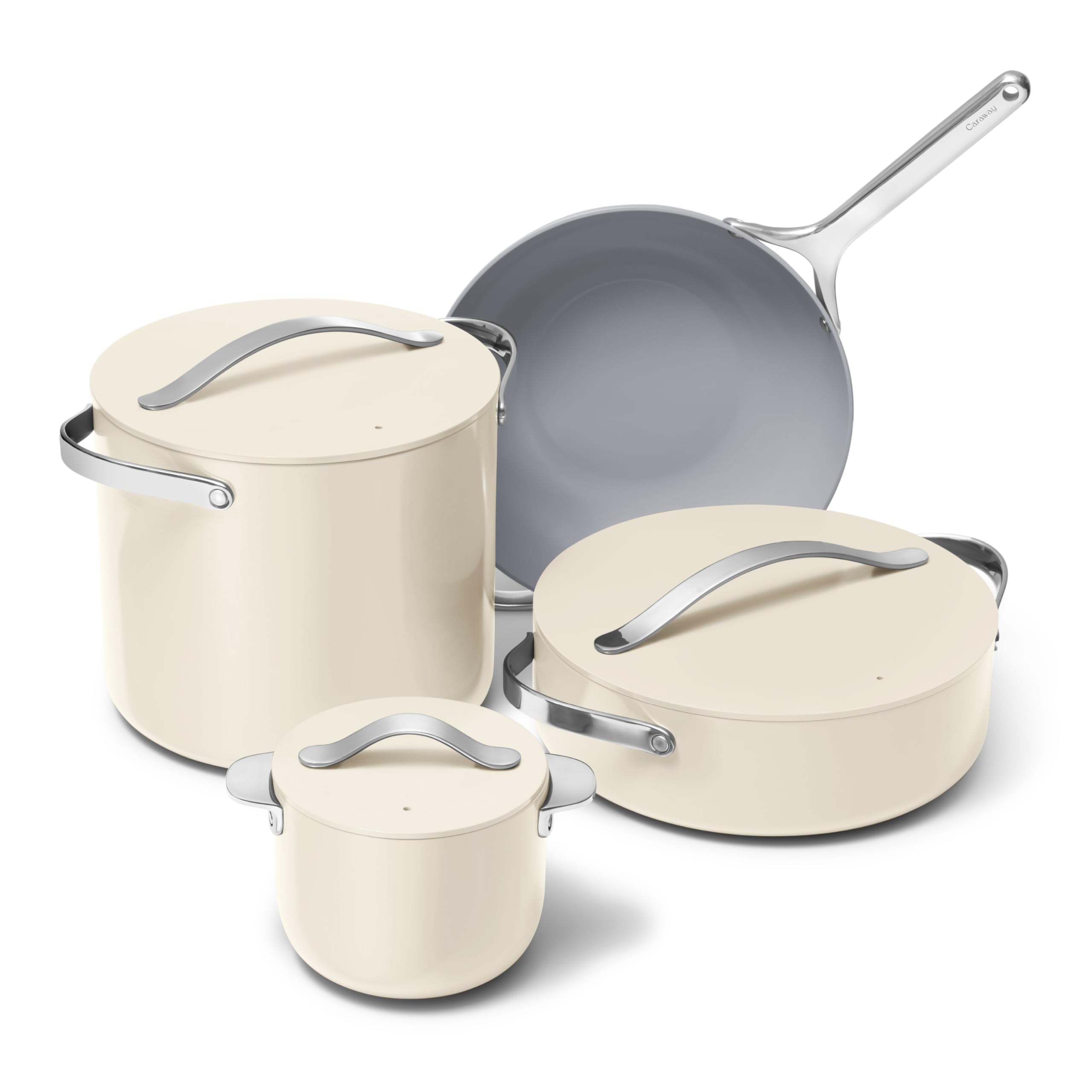 Collection Cookware+ Caraway — Petite Cooker, Poêle wok, Rondeau, Faitout — 3 couvercles et organiseur — Crème