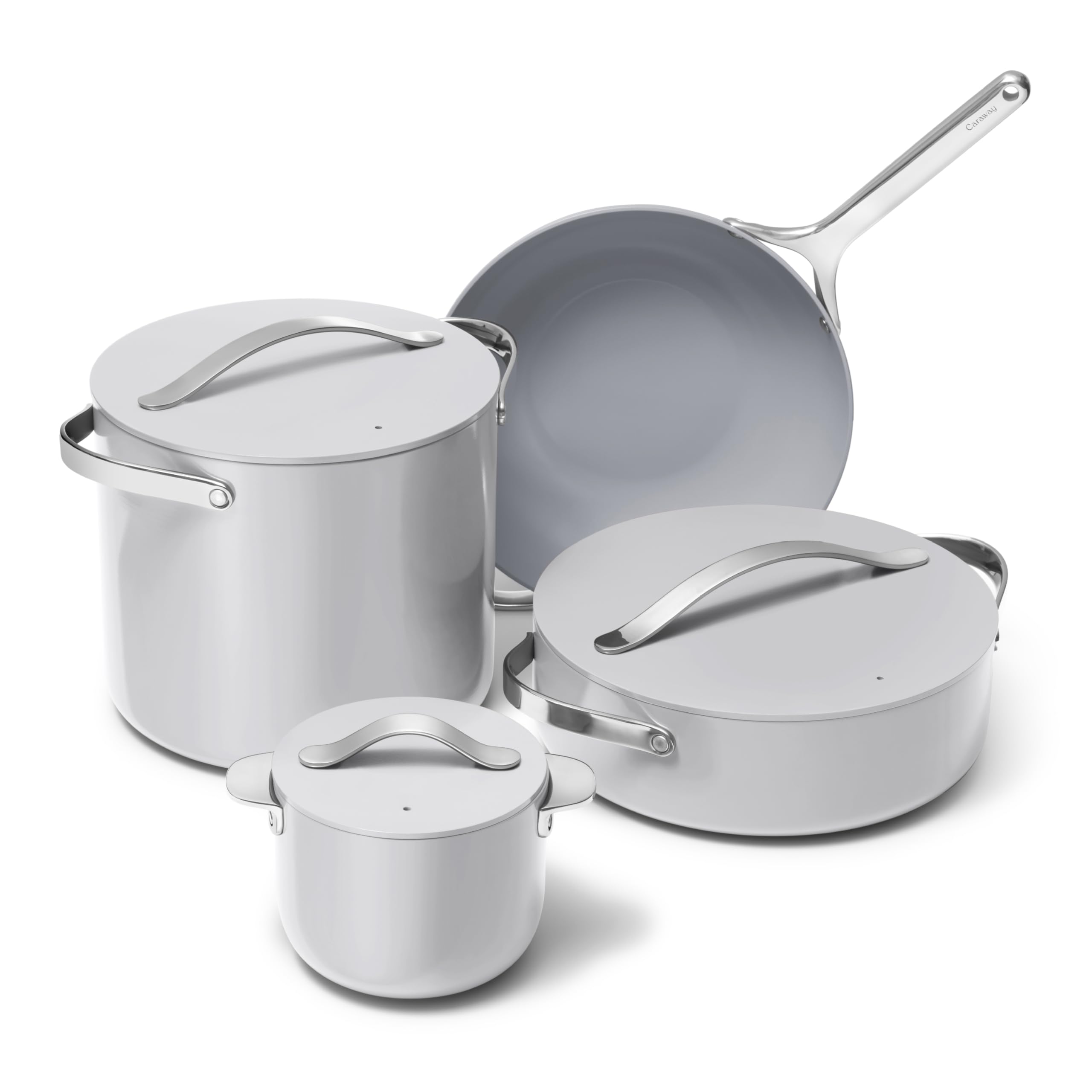 Collection Cookware+ Caraway — Petite Cooker, Poêle wok, Rondeau, Faitout — 3 couvercles et organiseur — Crème