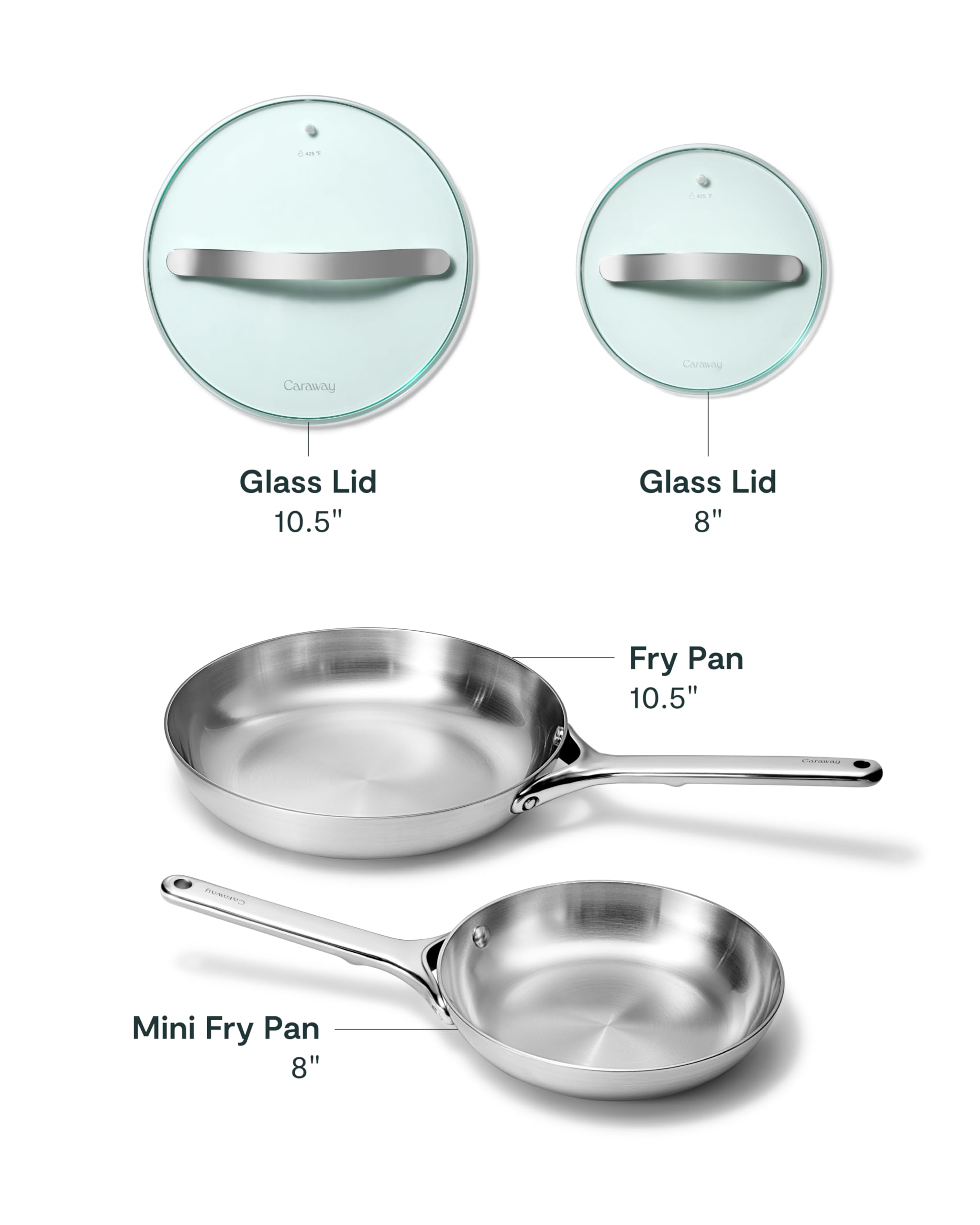 Duo de poêles rondes en acier inoxydable Caraway 8" et 10,5" avec couvercles en verre - 5 couches - sans revêtement toxique
