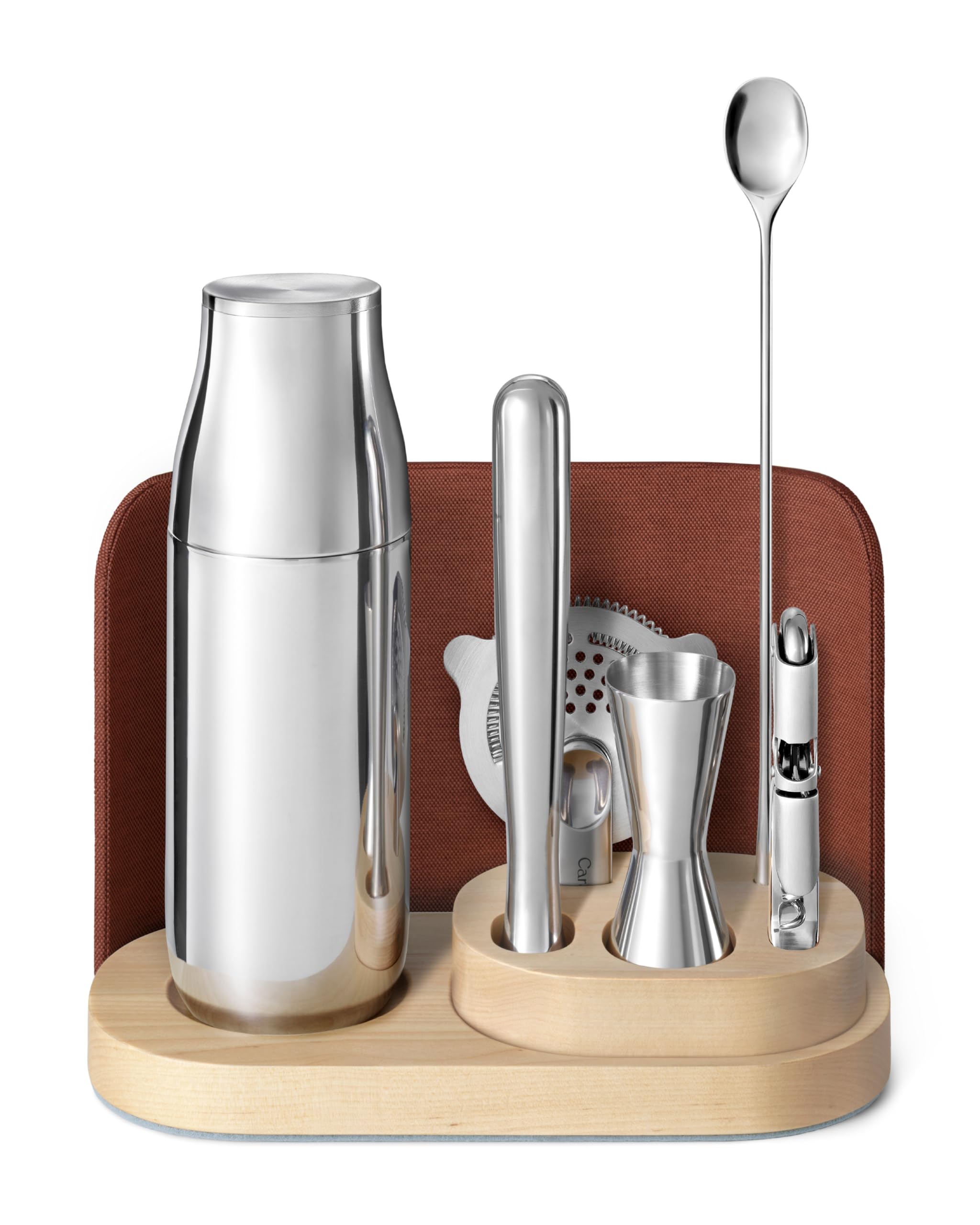 Caraway Set de Bar Complet 9 Pièces — Shaker, Jigger, Pilon, Tire-bouchon, Passoire, Cuillère à Barre, Organisateur Aimanté — Manhattan Red