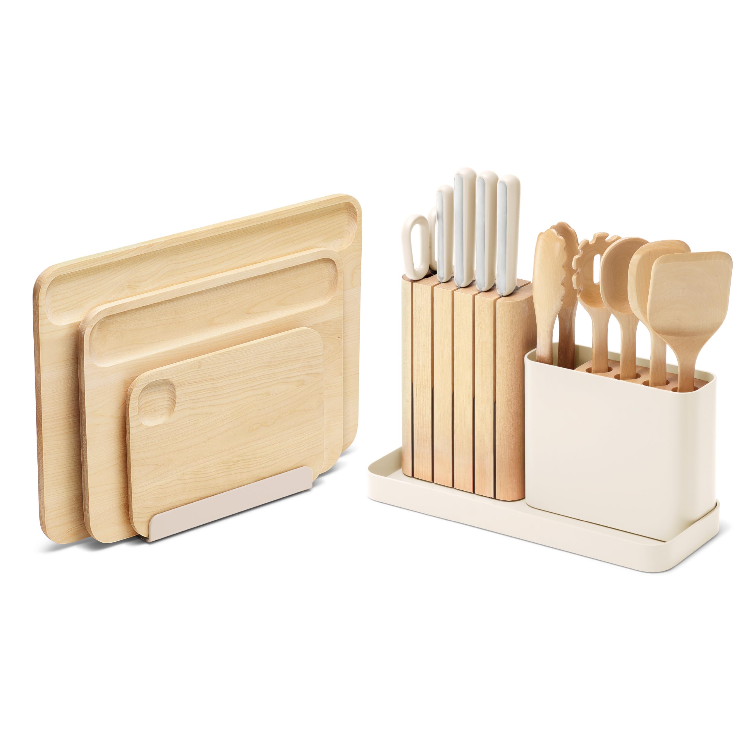 Caraway Set de préparation – Couteaux, ustensiles en bois et 3 planches à découper – Crème