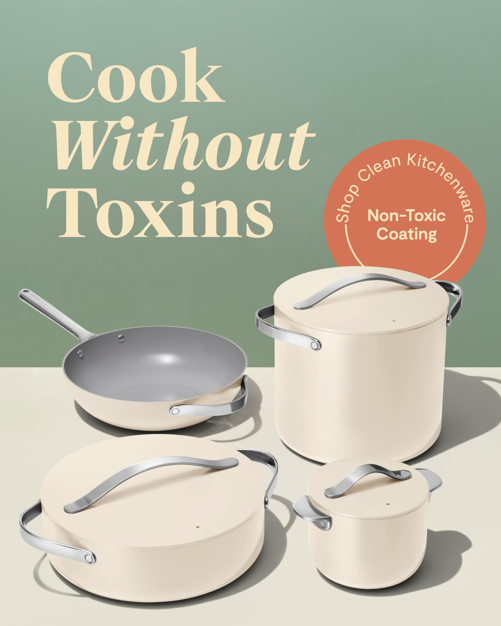 Collection Cookware+ Caraway — Petite Cooker, Poêle wok, Rondeau, Faitout — 3 couvercles et organiseur — Crème