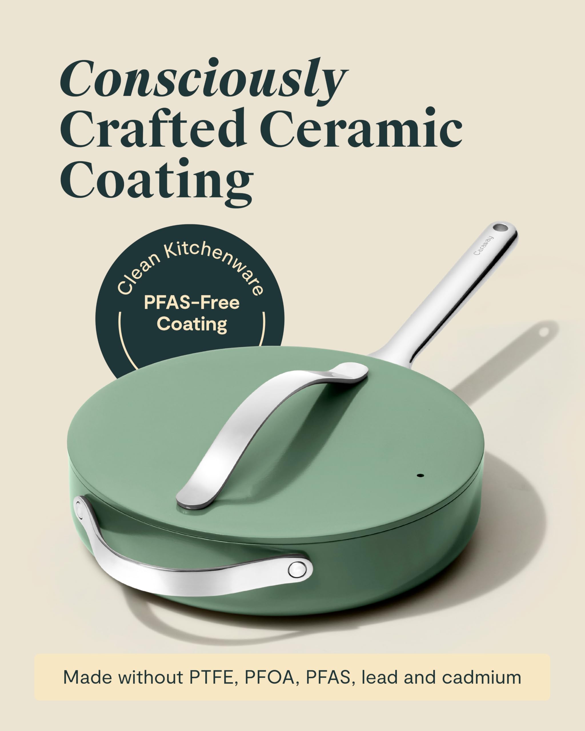 Caraway Poêle sauteuse céramique antiadhésif avec couvercle (4,5 L, 30 cm) - Crème
