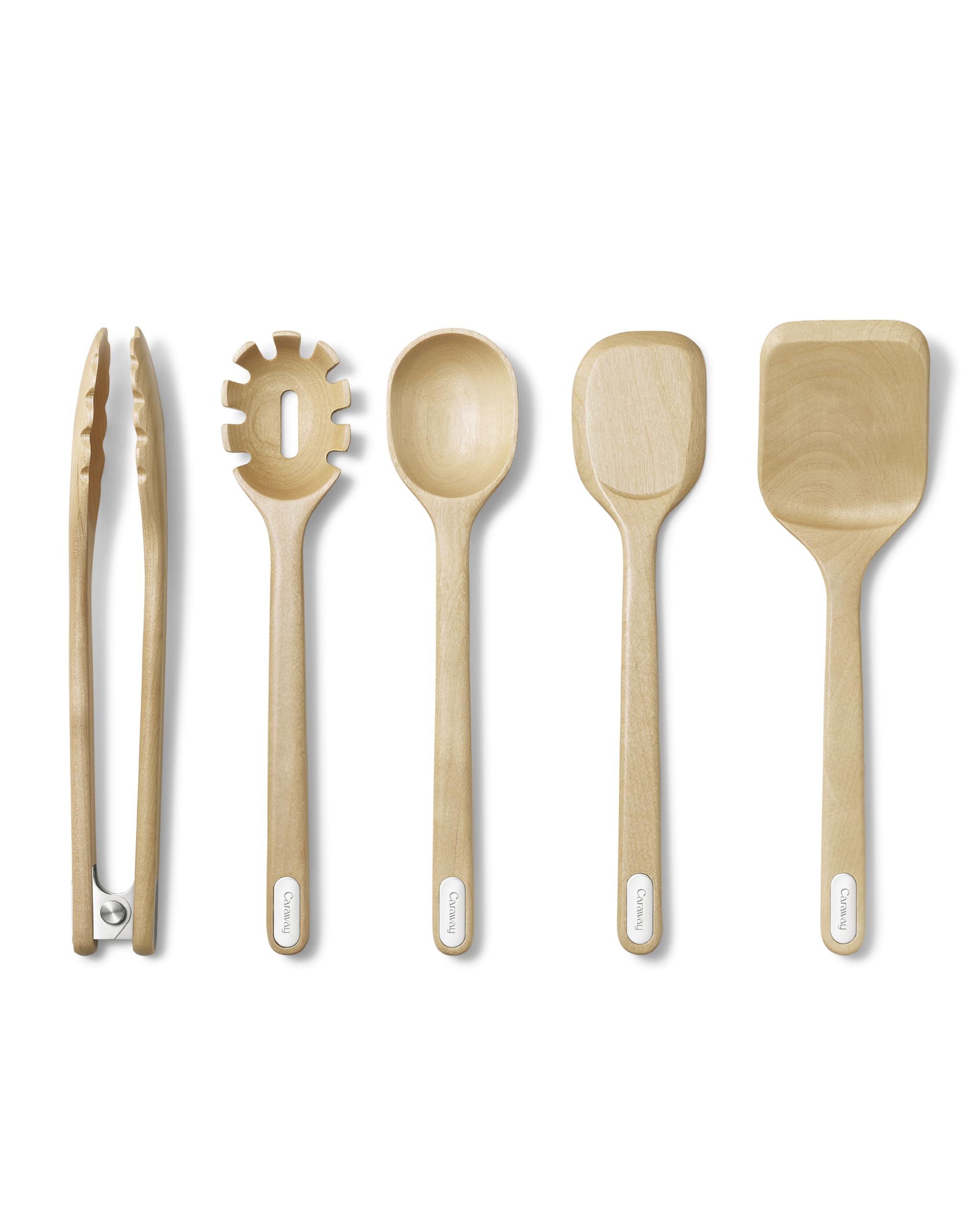 Set d'ustensiles en bois Caraway – 5 pièces : Cuillère, Serveur, Grattoir, Spatule, Pince – Bois de bouleau FSC – Sans microplastiques
