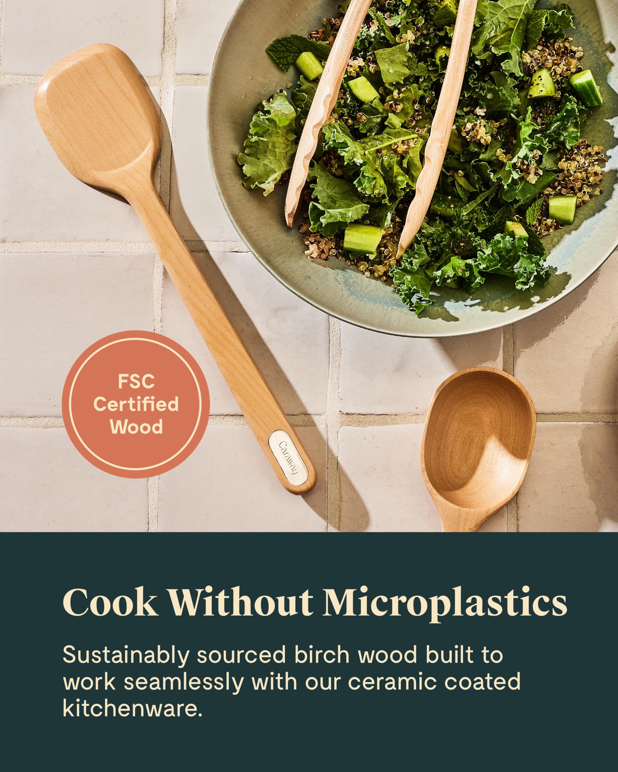 Set d'ustensiles en bois Caraway – 5 pièces : Cuillère, Serveur, Grattoir, Spatule, Pince – Bois de bouleau FSC – Sans microplastiques