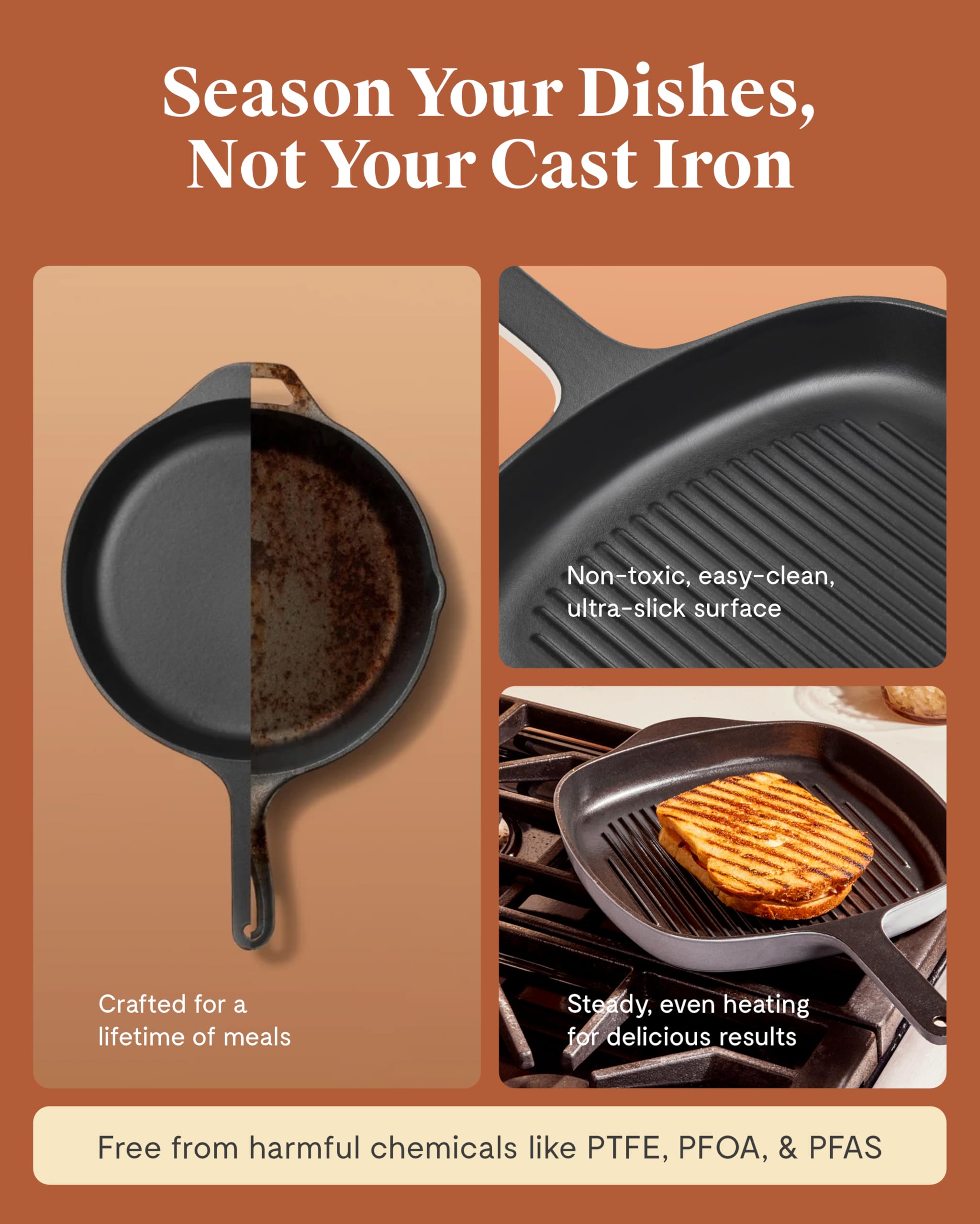 Enameled Cast Iron Grill Pan - 10.5” Grill Pan for Stovetop Cooking - 3 Layer En