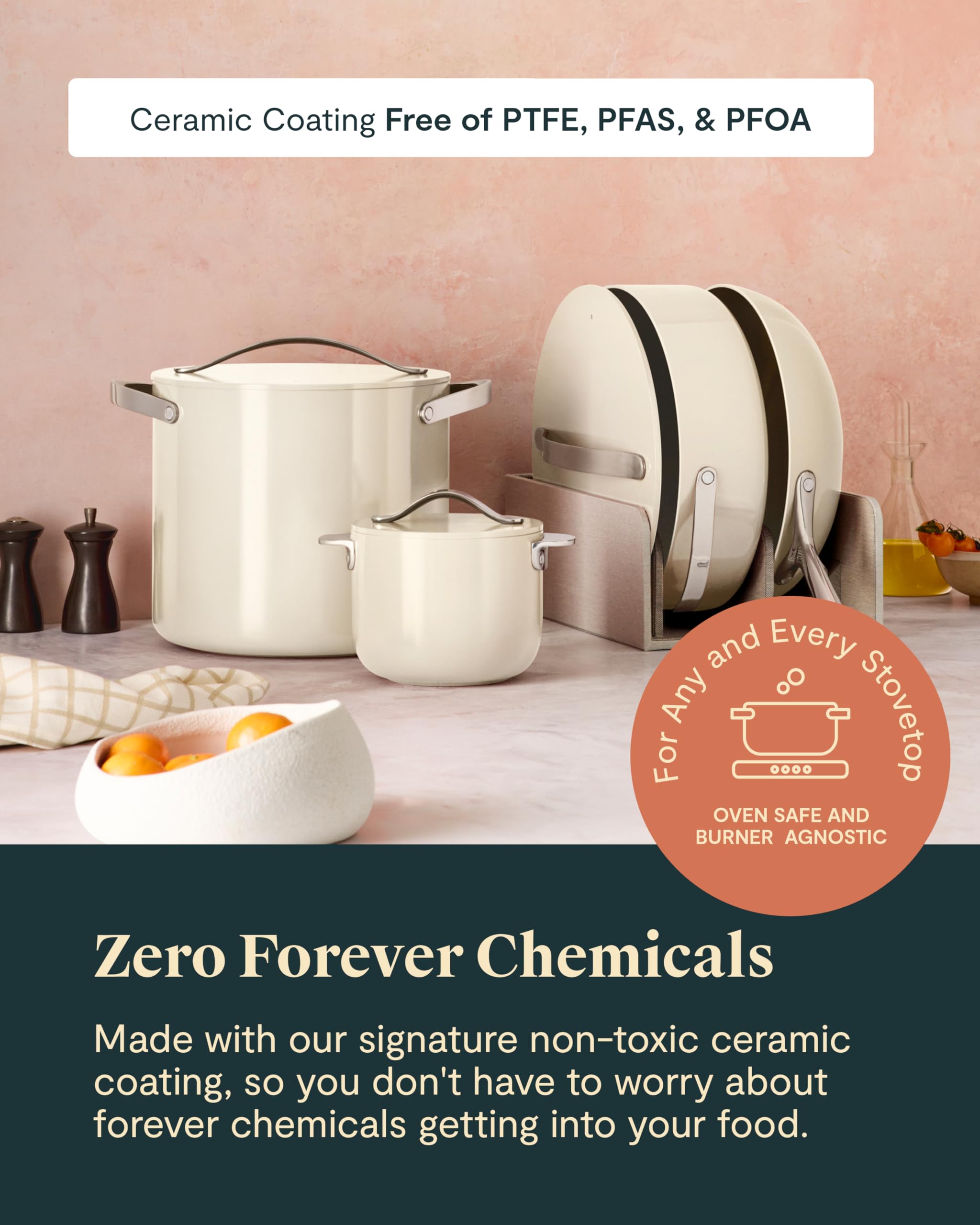 Collection Cookware+ Caraway — Petite Cooker, Poêle wok, Rondeau, Faitout — 3 couvercles et organiseur — Crème