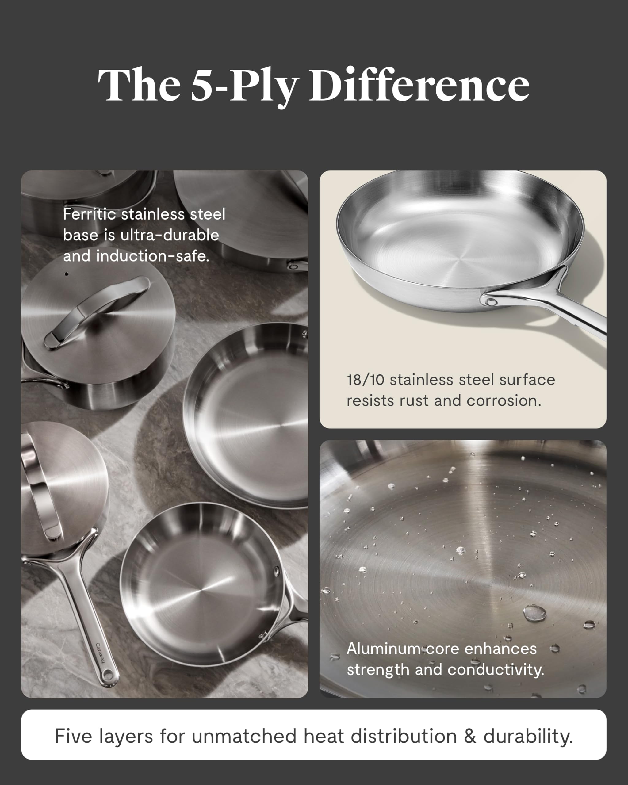 Caraway Batterie de Cuisine Deluxe Inox 16 Pièces — 5 Plis, Casseroles, Poêles, Couvercles, Range-couvercles