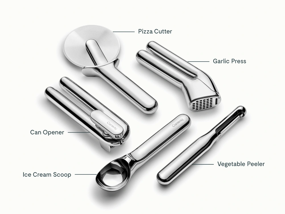 Kitchen Gadget Set Caraway – 5 pièces en inox avec range-ustensiles en bouleau