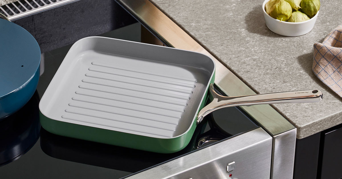 Caraway Duo de poêles carrées — Poêle grill et poêle plate avec revêtement céramique